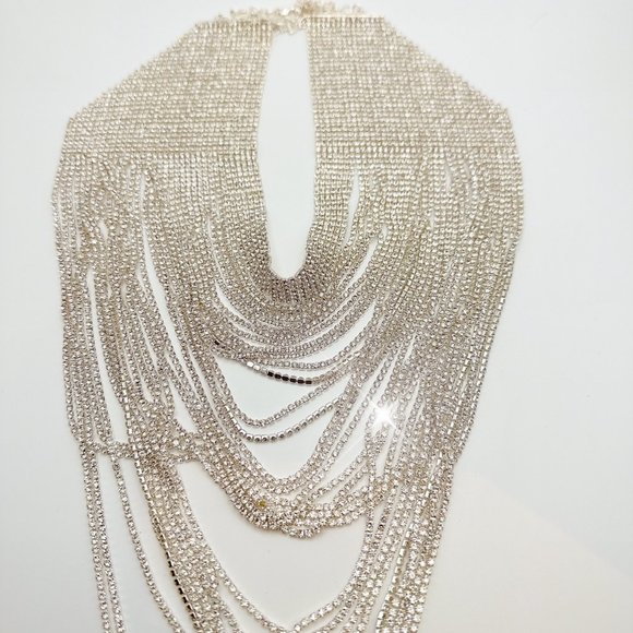 Silver -Tone Rhinestone Pave Waterfall Bib Necklace Multi Strand Chain Collar - Picture 6 of 10